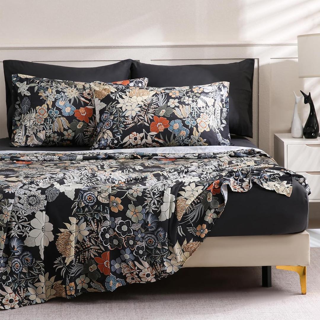 LONAVA Flower King Size 6 Pcs Sheet Set, Breathable Microfiber Deep Pocket Black Fitted Sheets, Comfy & Breathable Patterned Flat Sheets,4 Gentle Soft Pillowcases, Midnight Blossoms