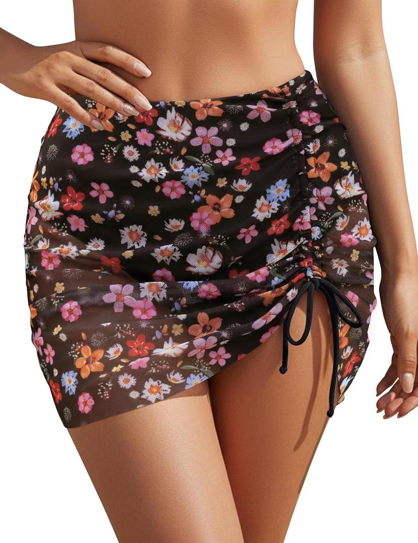 Blooming Jelly High Waisted Swim Skirt Tummy Control Swim Bottoms Mesh Ruched Drawsting Bathing Suit (Black, M)