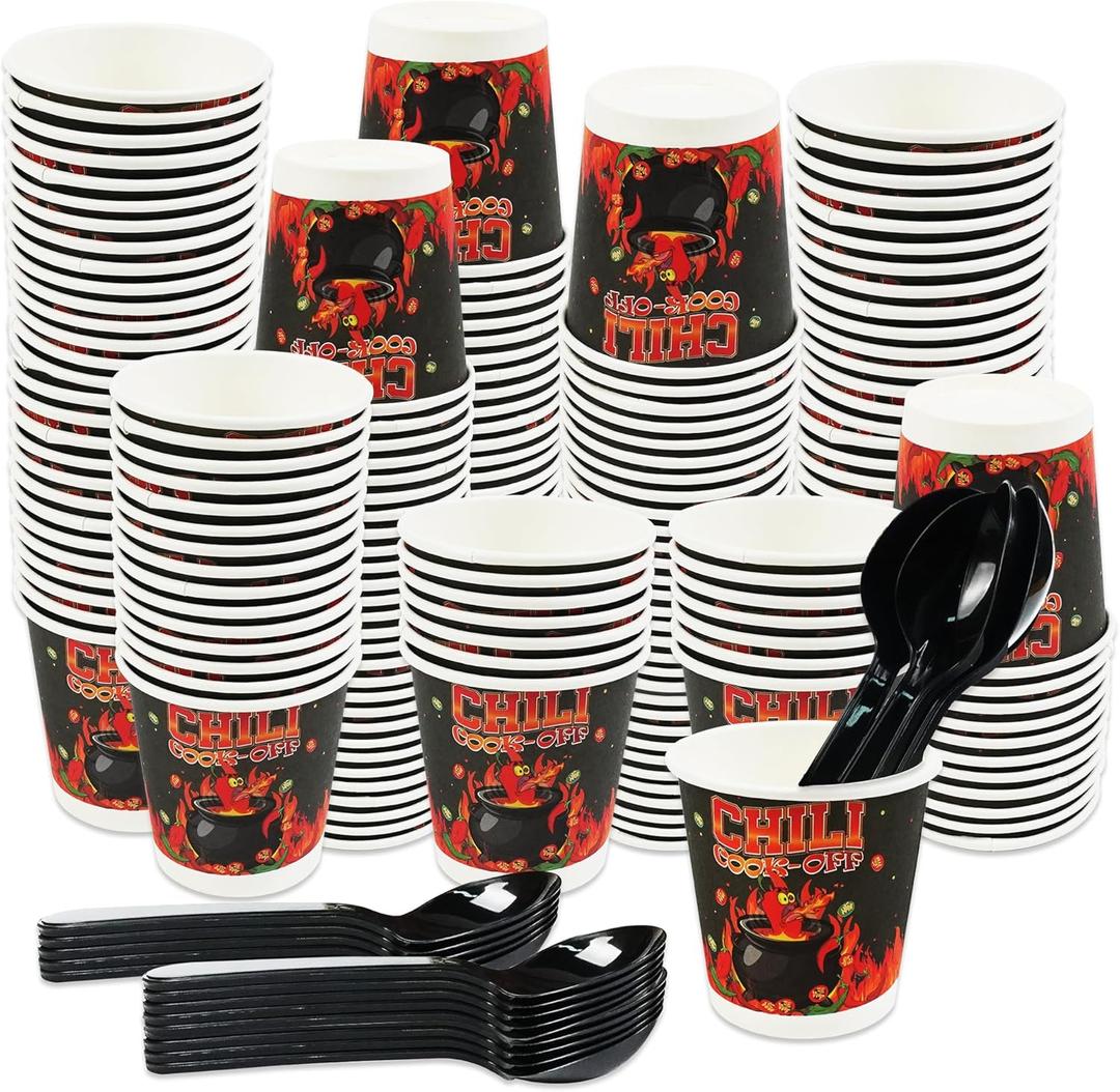 EoBeCy 400 Pcs Chili Cook Off Decorations, Funny Spicy Pepper Cartoon 5 oz Bowls Tasting Paper Cups and Plastic Spoons Set, Hot Chili Party Supplies for Festival or Cooking Contest