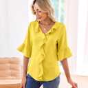 siliteelon Yellow Tops for Women 3/4 Sleeve Ruffle Bell Blouse Dressy Casual Ladies Vacation Sping Summer Outfits 2026 Yellow 2XL 