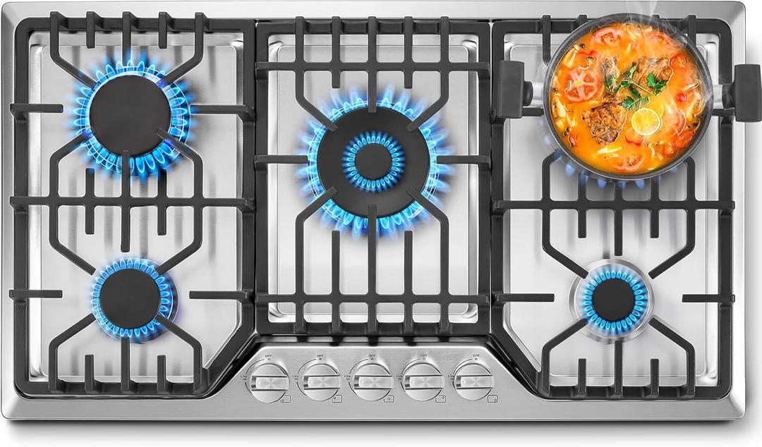 Amzgachfktch Gas Cooktop 36 inch with 5 Italy Sabaf Sealed Burners, Max 48,300 BTU Built-in Gas Stove Top, Propane Cooktop with 304 Stainless Steel Panel, NG/LPG Convertible, CSA Certified, 36 inch no griddle