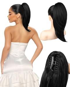 NTYNTY Ponytail Extension – 16” Claw Clip in Ponytail Hair Extensions Natural Soft Synthetic High Pony Tail Hairpieces for Women, Black