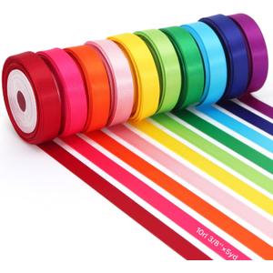 Rainbow Ribbons, 10 Rolls Ribbons, Colorful Satin Gift Wrapping Ribbons, 10-Color Craft Ribbons for Gift Wrapping & Bows, 5 Yards x 0.375 Inches
