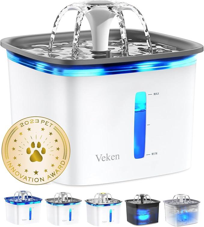Veken Innovation Award Winner 95oz/2.8L Pet Fountain, Automatic Cat Water Fountain Dog Water Dispenser with Replacement Filters, Gifts for Cats, Dogs, Multiple Pets (Grey, Plastic)