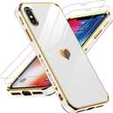 LeYi for iPhone X/XS Case: 2 Pack Tempered Glass Screen Protector + Full Camera Lens Protection, Love Heart Plated Women's Cute Luxury Soft TPU Shockproof Case, White