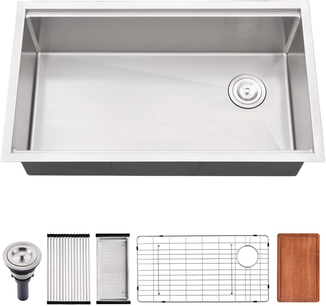 30 Inch Undermount Kitchen Sink 16 Gauge Stainless Steel Kitchen Sink R10 Single Bowl Workstation with Offset Drain 30"x19"x10"