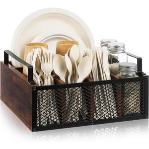 Mimorou Wooden Napkin Paper Plate and Utensil Holder Caddy for Party Kitchen Counter Cutlery Flatware Organizer for Utensil Caddy Cups Spoon Forks Napkins, Kitchen Accessories(Dark Wood Color)