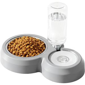 Double Dog Cat Bowls, Cat Food and Water Bowl Set with Auto-Water Dispenser and Stainless Steel Bowl Feeder for Small Size Dogs & Cats, Gift of Anti-Slip Mat, Chic Gray