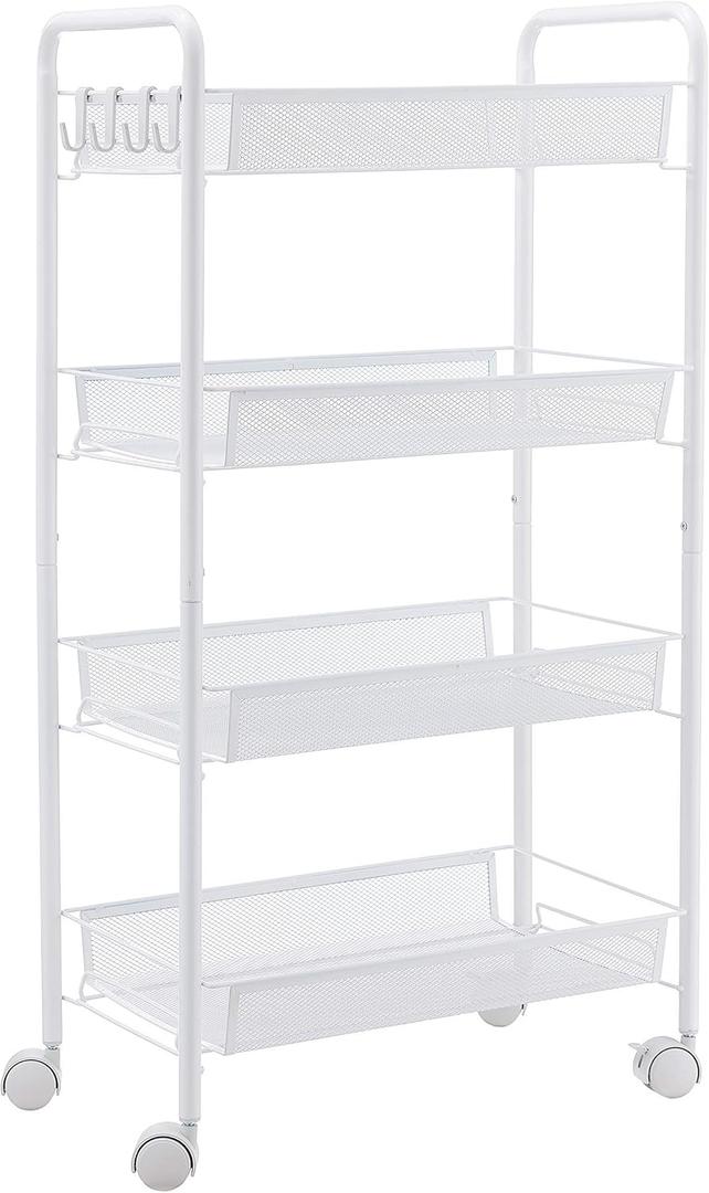 JANE EYRE Rolling Utility Storage Rack Cart on Wheels, Trolley Carft cart, Multi-Purpose Organizer Shelf (White, 4 Tier)