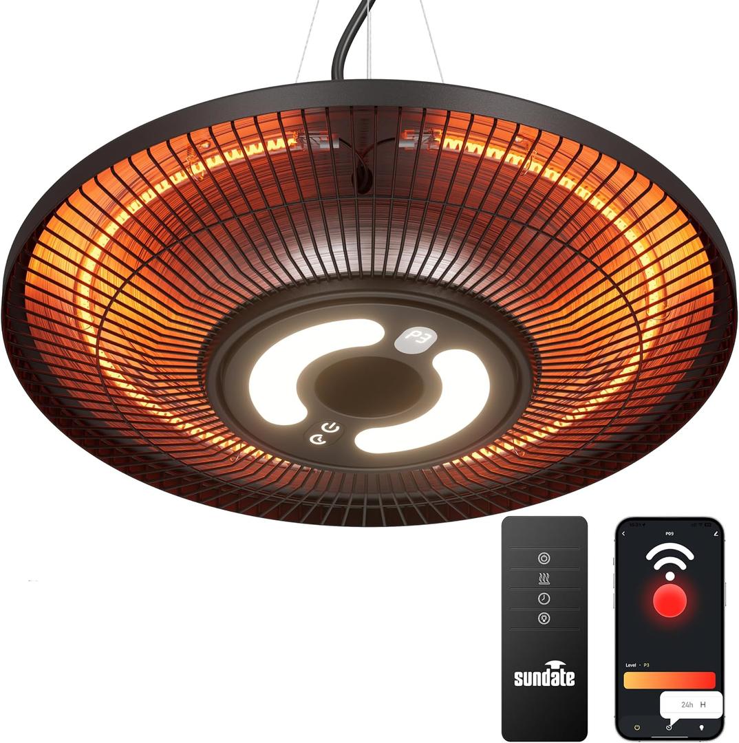 Sundate Hanging Heater,Electric Patio Heater with Light,Wifi Control, 1500W Infrared 2 Heat Levels, 24H Timers, Ceiling Mounted, 1s Heating Carbon Fiber Tube Heater for Backyard, Garage