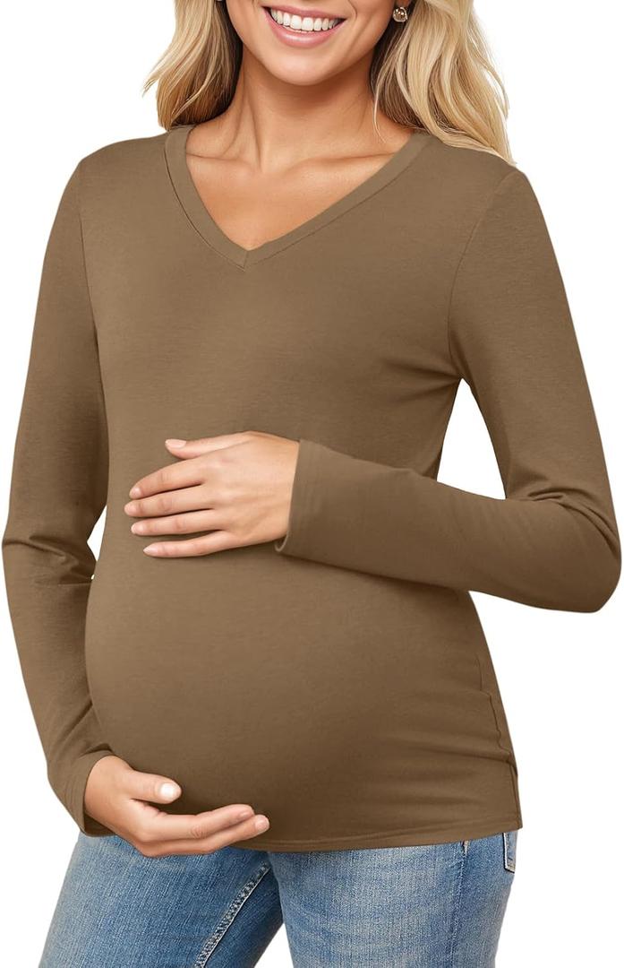Yousify Womens Maternity Tops V Neck Long Sleeve Fitted Tunic Shirts Casual Basic Tees Mama Pregnancy Clothes (Brown)