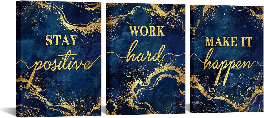 LevvArts Inspirational Wall Art Stay Positive Work Hard Make It Happen Office Wall Decor Motivaional Encouraging Canvas Prints Blue and Gold Pictures Decoration (Blue)