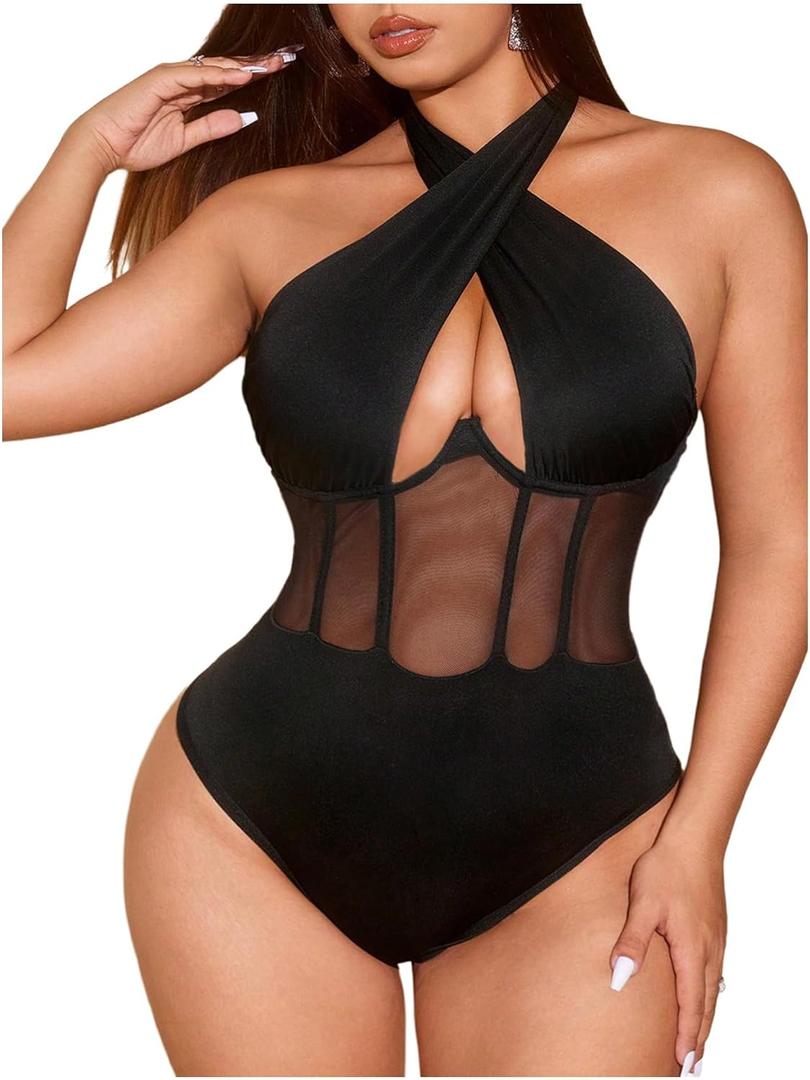 OYOANGLE Women's Plus Size Corset Bodysuit Cut Out Criss Cross Halter Sheer Body Suit Top (3X-Large Plus, Black)
