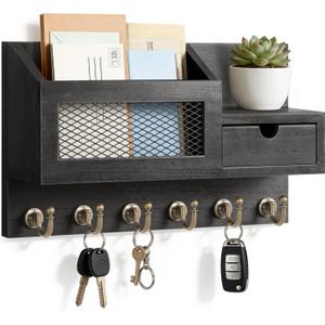 FifthQuarter Key and Mail Holder for Wall, Mail Organizer Wall Mount with 6 Hooks and Storage Drawer, Easy Installation Key Rack for Entryway and Home Decor (B-Black)