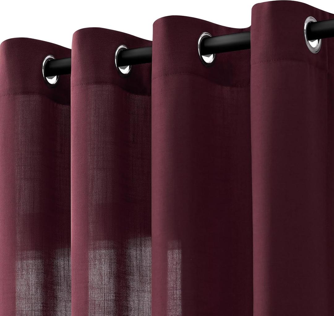 Burgundy Linen Curtains 84 Inch Length 2 Panels for Living Room Bedroom, Light Filtering Sheer Curtains 84 Inches, Modern Farmhouse Grommet Semi Sheer Soft Privacy Drapes