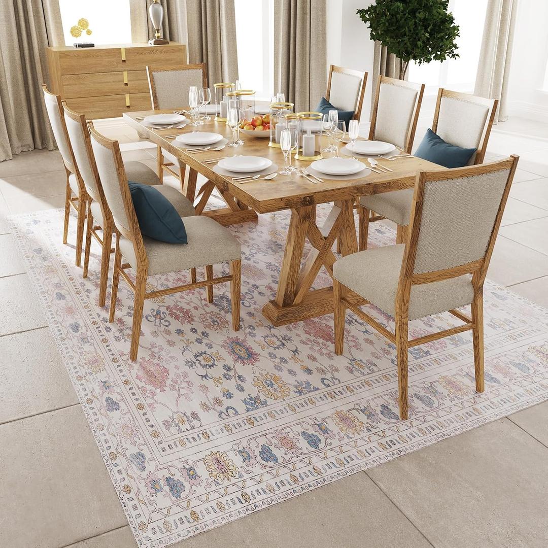 6x9 Durable Vinyl Rugs for Living Room, Vintage Floral Pattern for Dining Room, Bedroom, Home Office, Bobo Beige Non-Slip Large Rugs for Indoor&Outdoor RV, Deck, Backyard, Balcony, Modern Home Decor