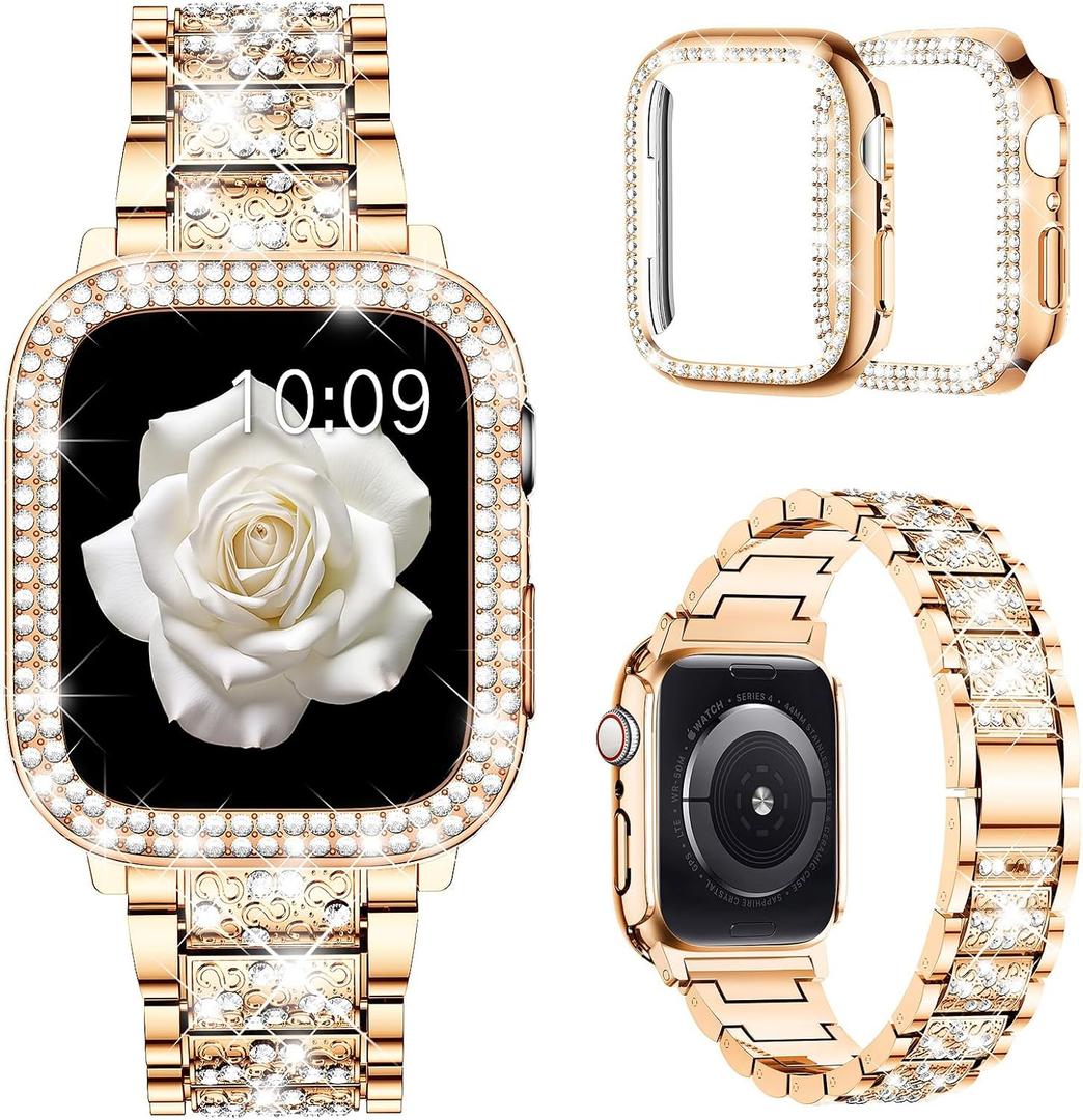 Mosonio Compatible with Apple Watch Band 38mm 40mm 41mm 42mm 44mm 45mm 46mm 49mm with 2 Pack Case Women, Jewelry Replacement Metal Bands Strap with Bling PC Protective Case for iWatch Ultra SE Series 10/9/8/7/6/5/4/3/2/1 (44mm (Series 6/5/4/SE), Rose Gold)