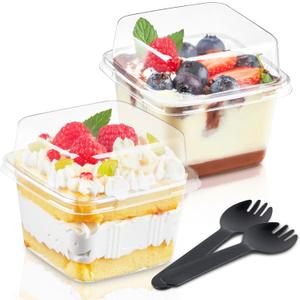 Kucoele 50 Pack 8 Oz Plastic Dessert Cups with Lids and Sporks, Clear Square Cake Cups Dessert Containers for Pudding Parfait Fruit Yogurt and Shortcake