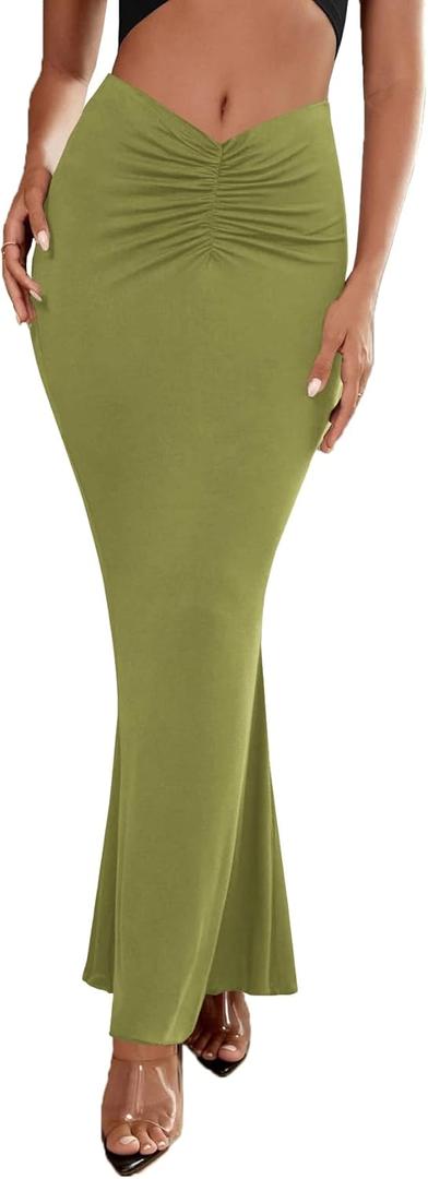 Umenlele Women's Casual High Waist Ruched Stretchy Bodycon Long Maxi Skirt, Size XL