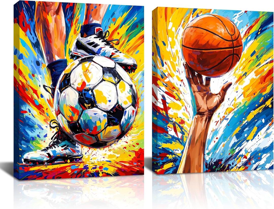 Framed Graffiti Soccer Wall Art,Sport Graffiti Fine Art Basketball Posters Wall Decor,Sports Theme Colorful Basketball Football Canvas Paintings for Boys Room Teen Kids Playroom Home Decor(12"x16")