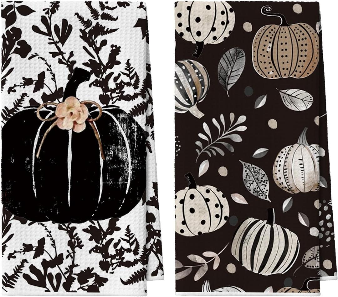 Artoid Mode Black Polka Dot Pumpkin Fall Kitchen Towels Dish Towels, 18x26 Inch Quick Dry Microfiber Cloth Hand Towels for Kitchen Drying, Set of 2