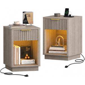 Akxomel Fluted Nightstand Set 2 Bedside Table with Charging Station Greige, 15" D x 15.7" W x 22.6" H