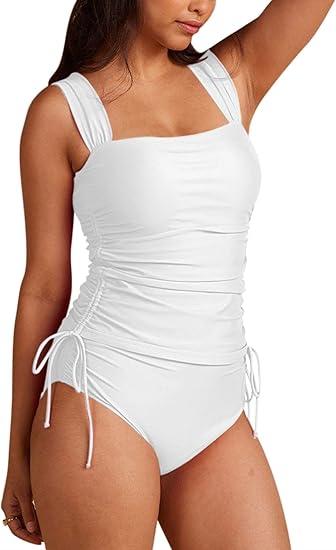 Pink Queen Women's 2 Piece Tankini Bathing Suit Tummy Control High Waisted Bikini Bottom Ruched Drawstring Swimsuit Small