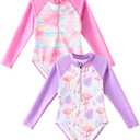 Angel season Girls Long Sleeve Swimsuits One Piece Rash Guard Bathing Suit UPF50+ Toddler Kids Zipper Swimwear Size 2-10 (7-8 Years, 2 Pc Pink/Purple)