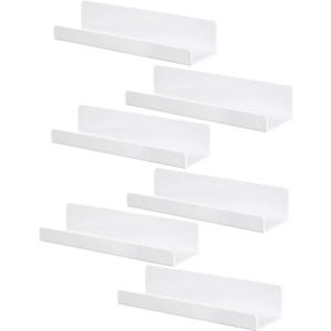 6 PCS Wall Mounted Acrylic Floating Shelf 15 Inch White Ledge Shelf, Nursery Kids Bookshelf 5MM Thick Bathroom Storage Shelves Toy Display Organizer (White and Smooth)