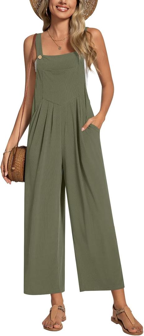 Anyally Women's Casual Jumpsuits Sleeveless Wide Leg Overalls Adjustable Romper with Pockets 2026 Summer Trendy Outfits (Green, XXL)