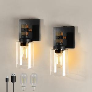 Battery Operated Wall Sconce 2-Pack Farmhouse Rechargeable Wall Lamp No Wired Required, Easy Install Cordless Wall Light
