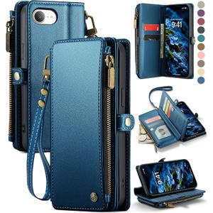 Defencase for iPhone 16E/17E Case Wallet with RFID Blocking Card Holder Slots for Women, Elegant PU Leather Magnetic Snap Flip Wristlet Strap Zipper Wallet Phone Cases for iPhone 17e & 16e, Dark Blue