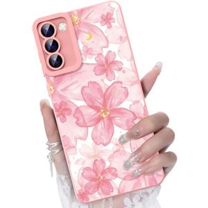 For Samsung Galaxy S21 FE 5G Phone Case, Fashion Flower Pattern Design Girls Women Liquid Silicone Cover, Slim Shockproof and Scratch-Resistant Soft Case for Samsung S21 FE - Cherry Blossom