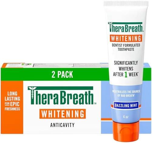 TheraBreath Whitening Toothpaste, Gentle Peroxide-Free Teeth Whitening in 1 Week (3), with Fluoride for Anticavity Protection, Dazzling Mint, 4 Oz, 2-Pack