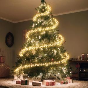 Mudder 49 ft Christmas Tree Garland Lights with Metal Wire Ring 300 LED Fairy String Lights 8 Modes Twinkle Light Battery Operated for Indoor Outdoor Xmas Tree Party Decoration (No Batteries Included)