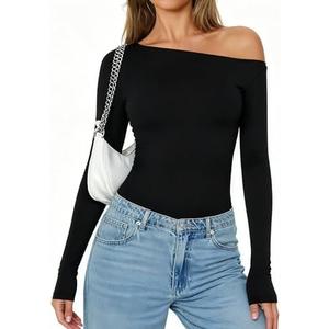 Avidlove Women Off the Shoulder Long Sleeve Bodysuit Double Lined Thong Body Suits Tops Soft Sexy Outfits, S