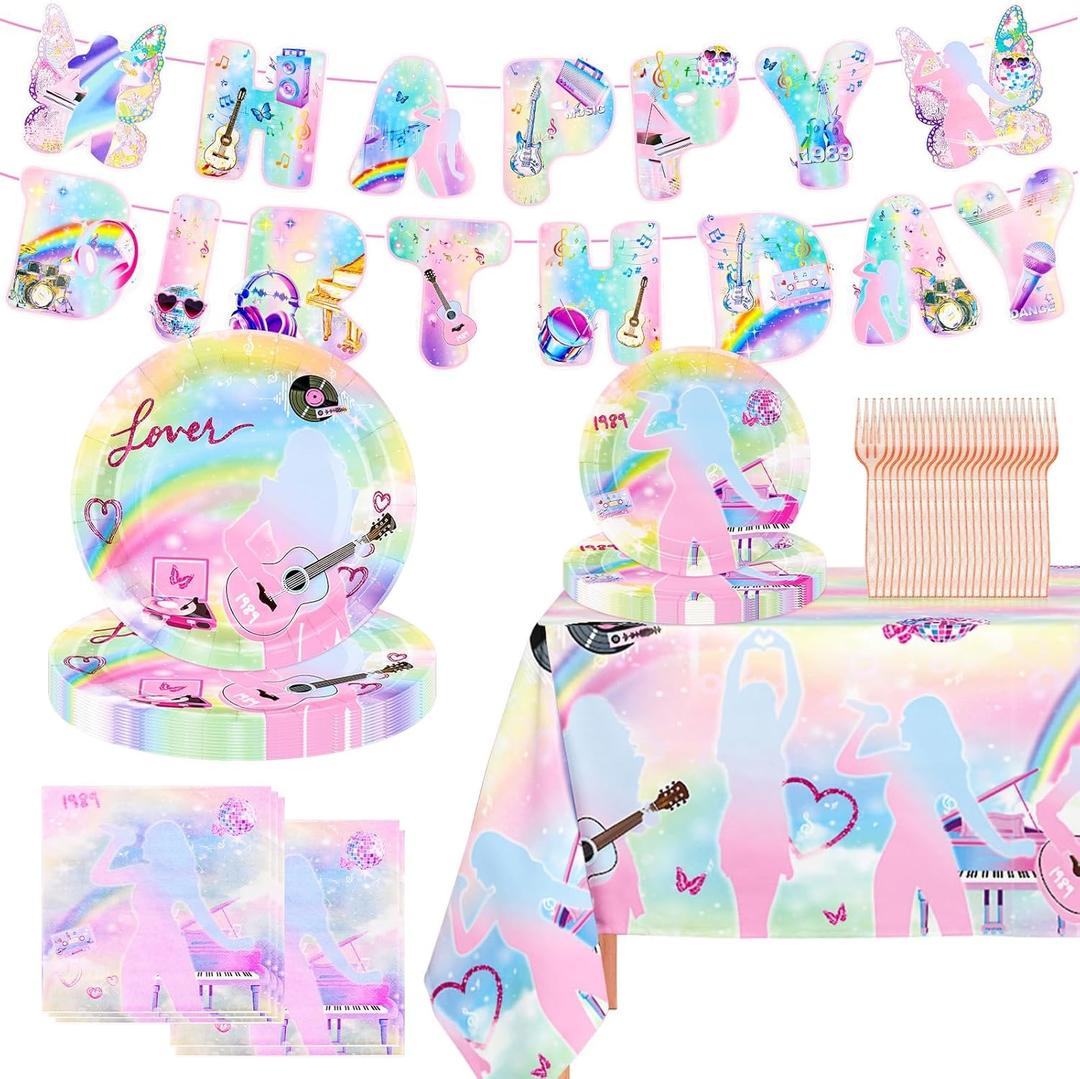 SelfTek 98 PCS, Happy B-irthday Decorations, Birthday Party Decorations Set - Birthday Banner, Plates, Napkins, Tablecloth, Forks, Fans Party Decor Serves 24 Guests