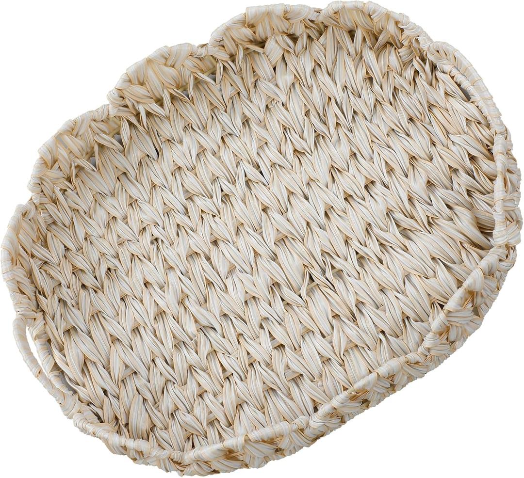 Coeusy 16.5 inch Round Wicker Tray, Boho Decorative Coffee Table Tray,Woven Serving Tray with Handles,Wicker Scallop Basket (Milky White)