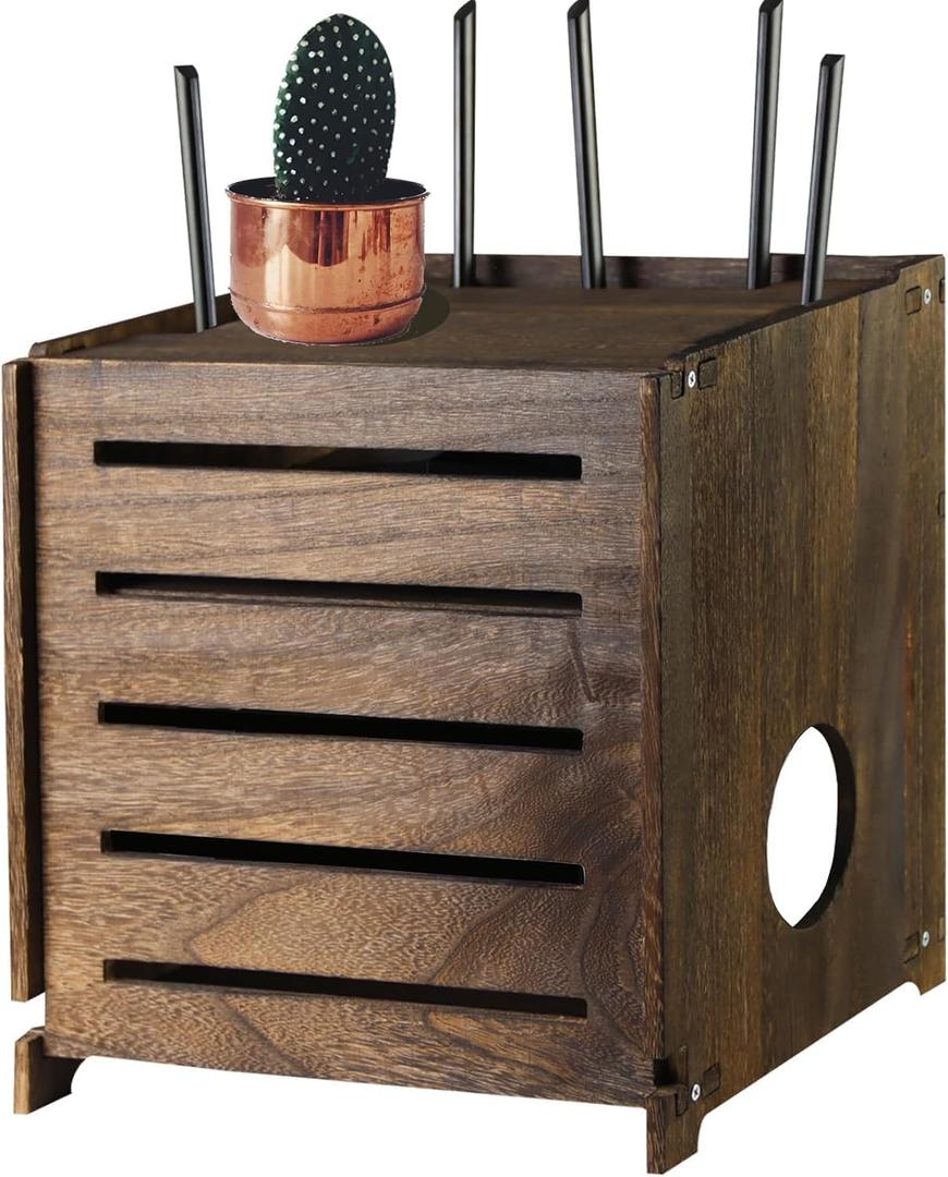 Wifi Box Charcoal Retro Wood Router Box and Modem Storage Boxes, Double-Layer Wooden Wifi Boxes Hider No Signal Blocking Router Cabinet Wood