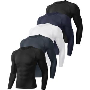 5 Pack Long Sleeve Compression Shirts for Men - Black Quick Dry Workout Base Layer Undershirt Top for Athletic Gym Running Small