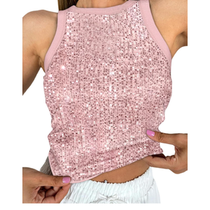 Women's Sequin Tank Top Sparkle Glitter Summer Sleeveless Blouse Crew Neck Slim Fit Club Party Vest L No Brand