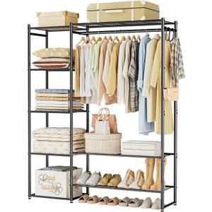 Neprock Wardrobe Closet, Portable Clothing Rack for Hanging Clothes, Free Standing Closet Organizers and Storage System with 4 Tiers Shelves for Cloakroom Bedroom, Black