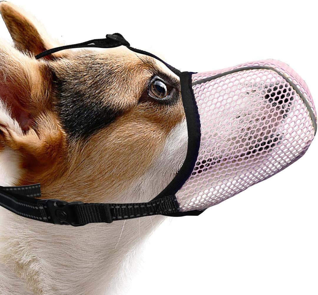 Dog Muzzle, Breathable Soft Muzzle for Small Dogs to Anti & Prevent Barking Biting Chewing, Reflective & Adjustable Basket Muzzle with Air Mesh for Toy Poodles Pink S (S, Pink)