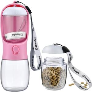 Dog Water Bottle with Food Container, Travel Puppy Water Bowl, Portable Pet Dispenser, Puppy Essentials for Walking and Hiking (10oz, #04 Pink)