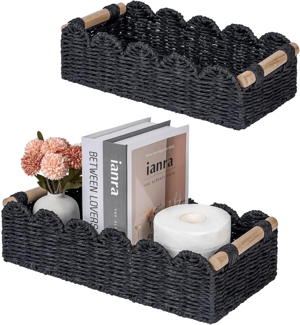CubesLand Toilet Paper Storage Basket, Scalloped Edge Shelves Basket for Organizing for Over Toilet Tank Storage, Home Decor Baskets for Shelf, Countertop, Living Room, Bedroom, Handwoven, Black (Medium)
