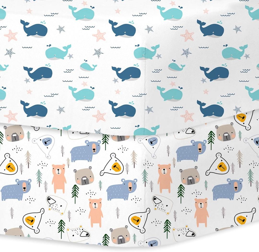 Little Grape Land Crib Sheets Baby Toddler Sheets 2 Pack Fitted for Boys Girls, Standard Size 28x52 Crib Mattress, Super Soft Breathable Washable Microfiber (Whale/Little Bear)