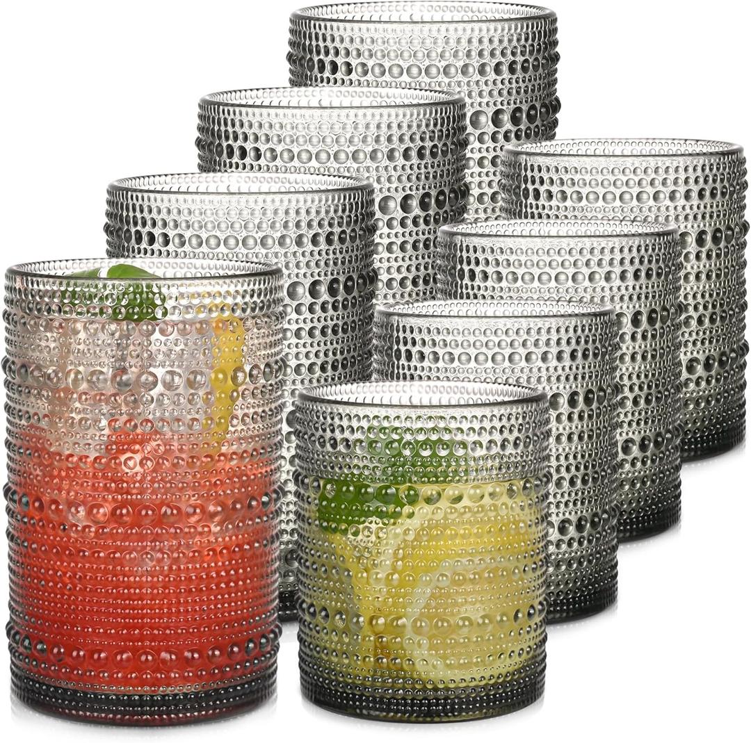 Gray Hobnail Drinking Glasses Set of 8 15 oz Vintage Highball Glassess & 12 oz Cocktail GlassesDrinkware Kitchen Glasses for Cocktail, Iced Coffee, Beer, Ice Tea, Wine, Whiskey, Water