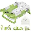 MoreFeel Collapsible Baby Bathtub for Newborn with Thermometer & 1 Hooded Towel & 1 Soft Floating Cushion,Portable Travel Bathtub with Drain Hole, Durable Foldable Baby Tubs for Infants to Toddler (Green)