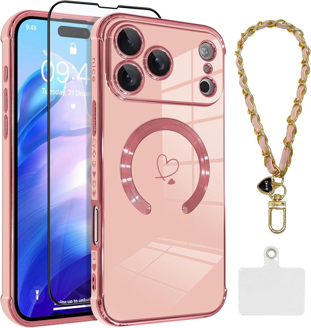 OOK Magnetic Phone Case iPhone 17 Pro Max 6.9 Inch [Compatible with MagSafe] Soft TPU Heart Phone Cover with Screen Protector Shockproof Protection Slim Case with Strap Lanyard for Women - Pink