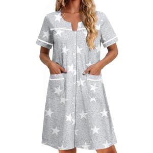 Ekouaer Nightgowns for Women Cotton House Dress with Pockets Button Down Night Gown Short Sleeve Duster Housecoat XL